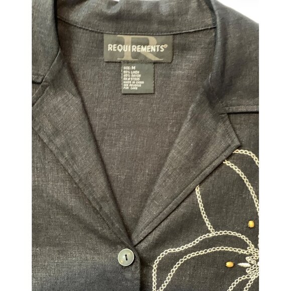 REQUIREMENTS Women's Linen Blend Black Beaded Button Blouse Medium Embroidery - Picture 6 of 13